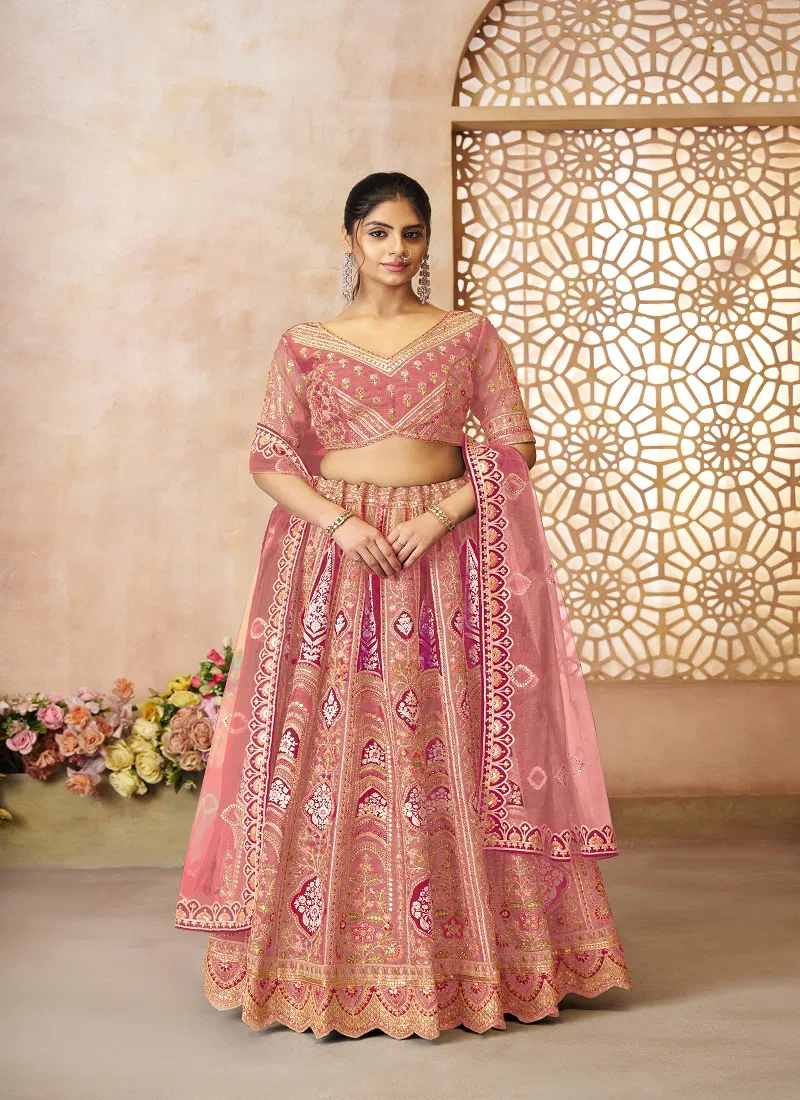 Kf 31 Pink Banarasi Silk Embroidered Lahenga For Wedding Wholesalers In Delhi

